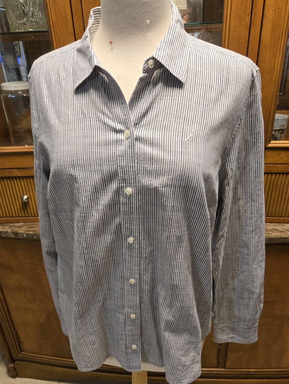 Nautica Womens Navy and White Pinstripe Button-Down Shirt